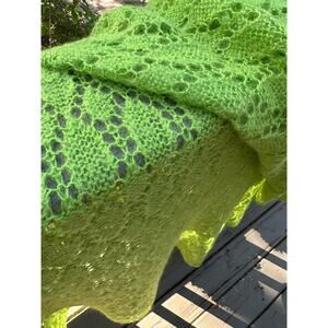 Mohair Wool Crochet Blanket lime green Hand Made Diamond Knit Throw 44x90” shawl